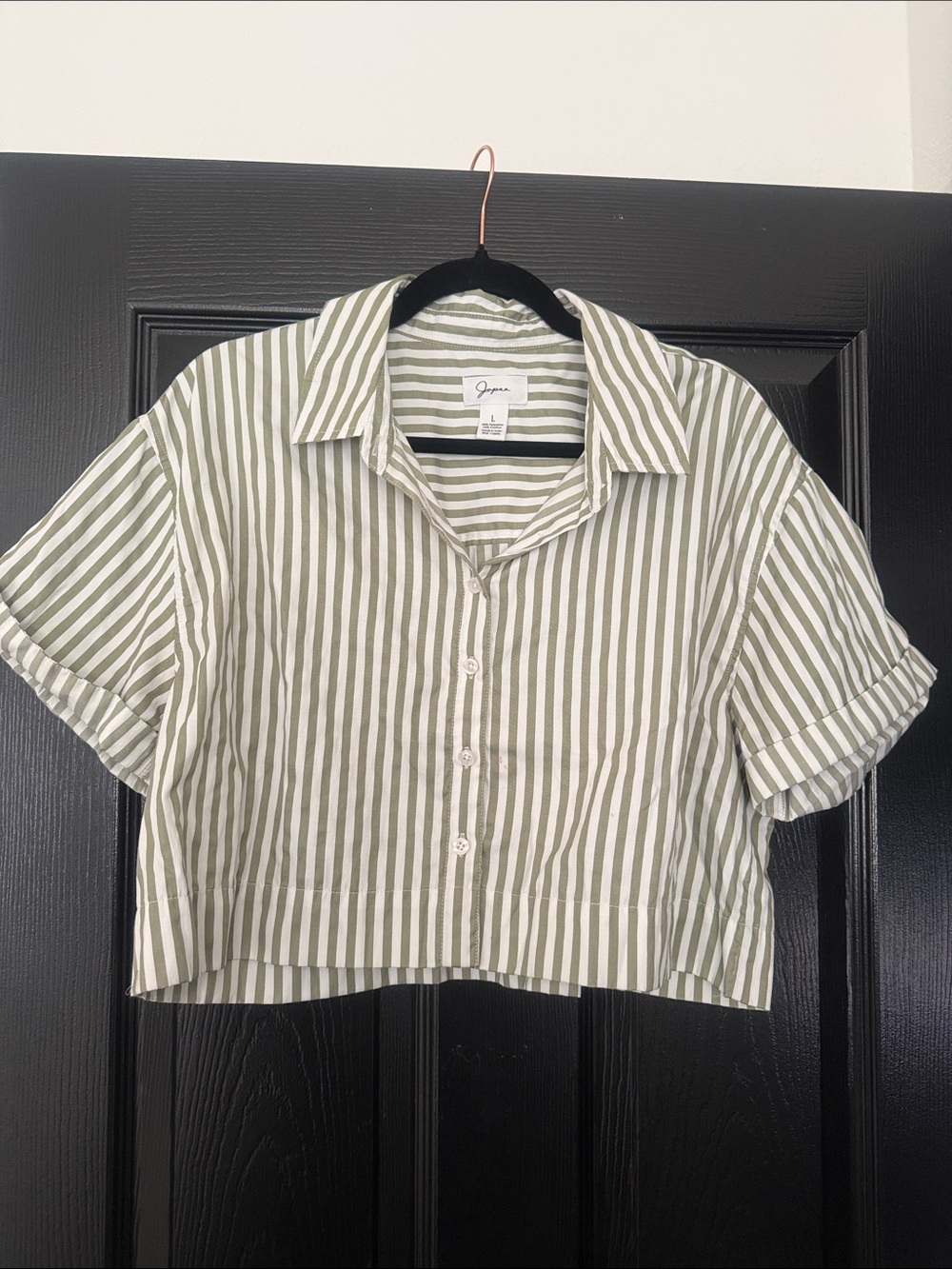 Japna Olive Green and White Striped Cropped Button-Up Blouse